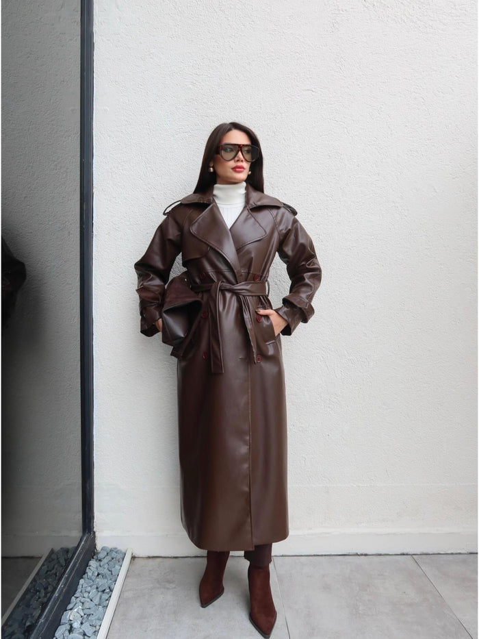 Apolet Detay Kuşaklı Deri Trench Kahve
