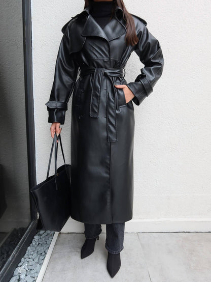 Apolet Detay Kuşaklı Deri Trench Siyah