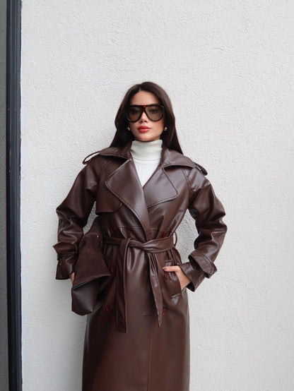 Apolet Detay Kuşaklı Deri Trench Kahve