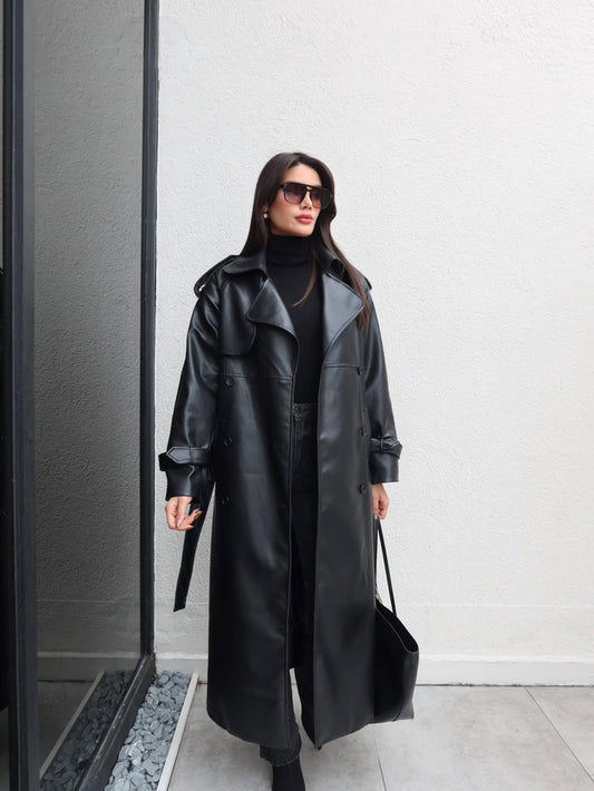 Apolet Detay Kuşaklı Deri Trench Siyah