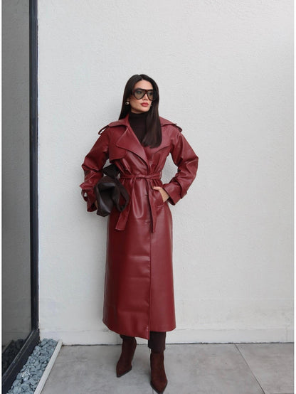 Apolet Detay Kuşaklı Deri Trench Bordo