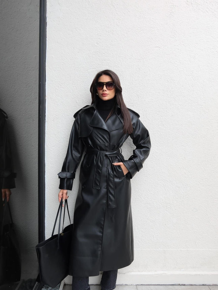 Apolet Detay Kuşaklı Deri Trench Siyah