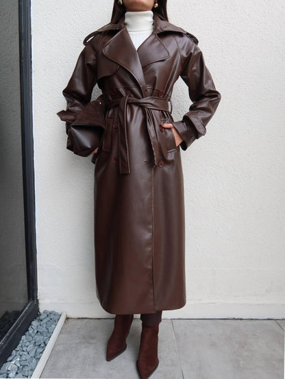 Apolet Detay Kuşaklı Deri Trench