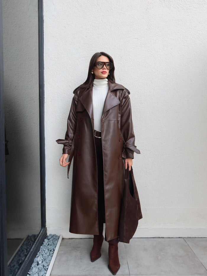 Apolet Detay Kuşaklı Deri Trench