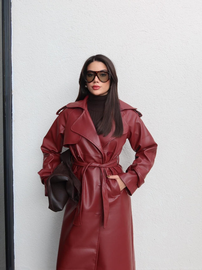 Apolet Detay Kuşaklı Deri Trench Bordo