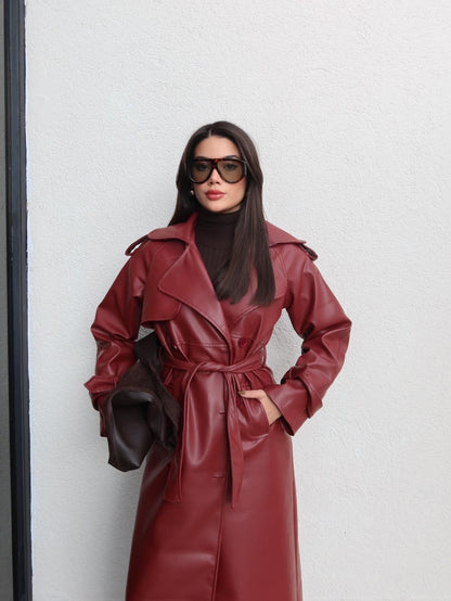 Apolet Detay Kuşaklı Deri Trench Bordo