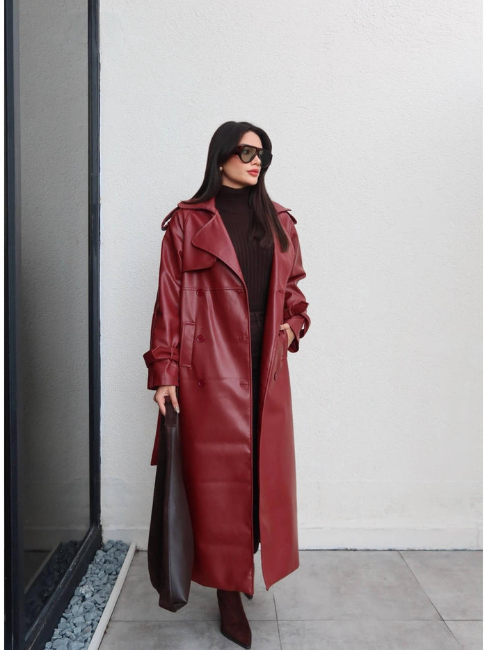 Apolet Detay Kuşaklı Deri Trench Bordo