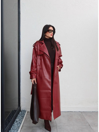 Apolet Detay Kuşaklı Deri Trench Bordo