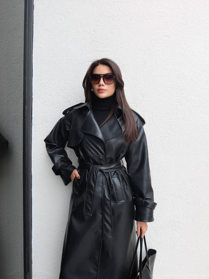 Apolet Detay Kuşaklı Deri Trench