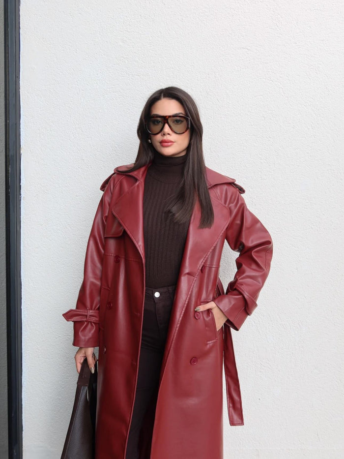 Apolet Detay Kuşaklı Deri Trench Bordo