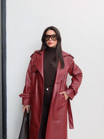 Apolet Detay Kuşaklı Deri Trench Bordo
