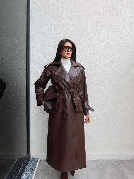 Apolet Detay Kuşaklı Deri Trench Kahve