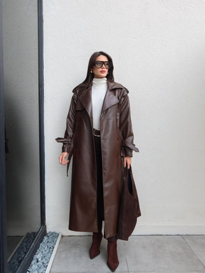 Apolet Detay Kuşaklı Deri Trench Kahve