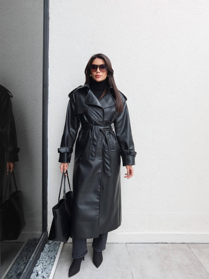 Apolet Detay Kuşaklı Deri Trench Siyah