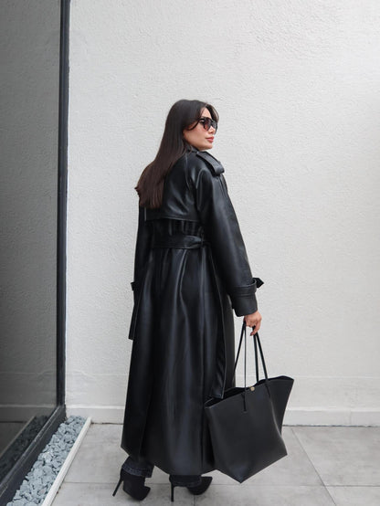 Apolet Detay Kuşaklı Deri Trench