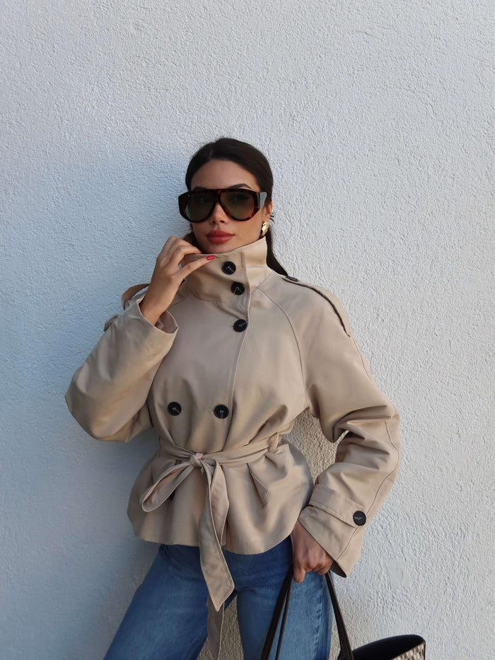 Apolet Detay Kuşaklı Kısa Trench Krem