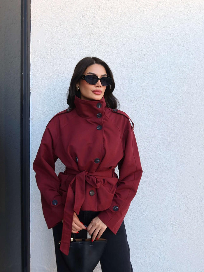 Apolet Detay Kuşaklı Kısa Trench Bordo