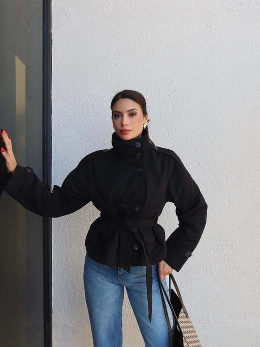 Apolet Detay Kuşaklı Kısa Trench Siyah