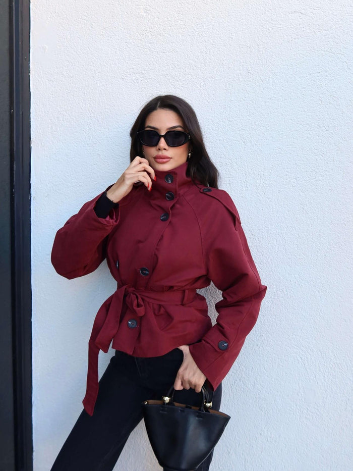 Apolet Detay Kuşaklı Kısa Trench Bordo