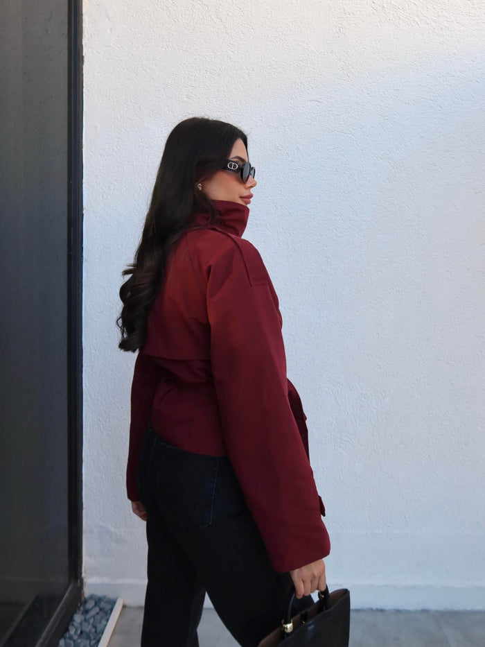 Apolet Detay Kuşaklı Kısa Trench Bordo
