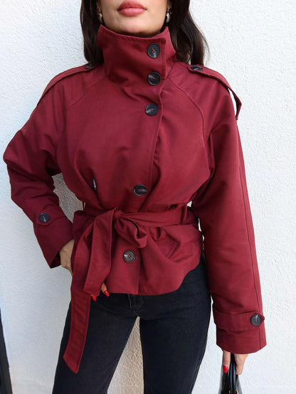 Apolet Detay Kuşaklı Kısa Trench Bordo