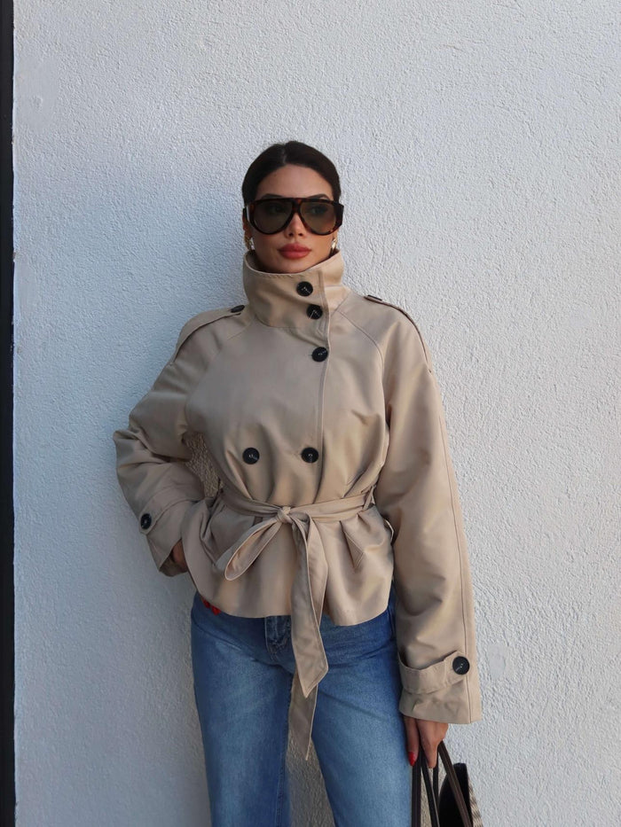 Apolet Detay Kuşaklı Kısa Trench Krem