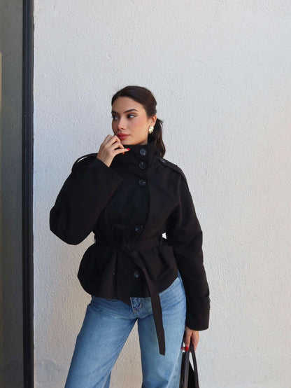 Apolet Detay Kuşaklı Kısa Trench Siyah