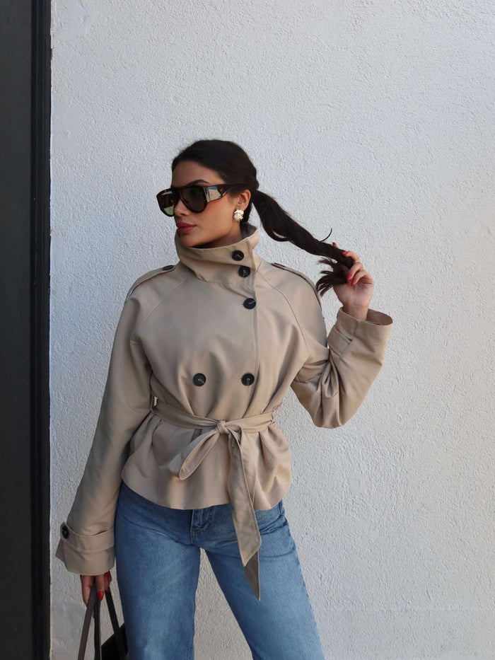 Apolet Detay Kuşaklı Kısa Trench Krem