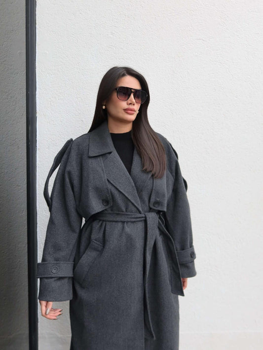 Apolet Detay Kuşaklı Uzun Kaban