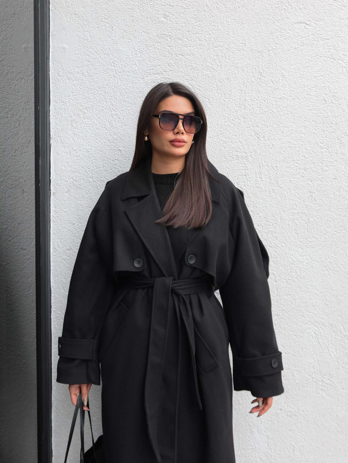 Apolet Detay Kuşaklı Uzun Kaban