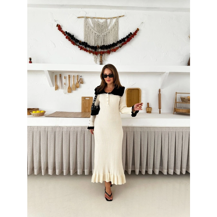 Asil Yaka Triko Elbise Beyaz