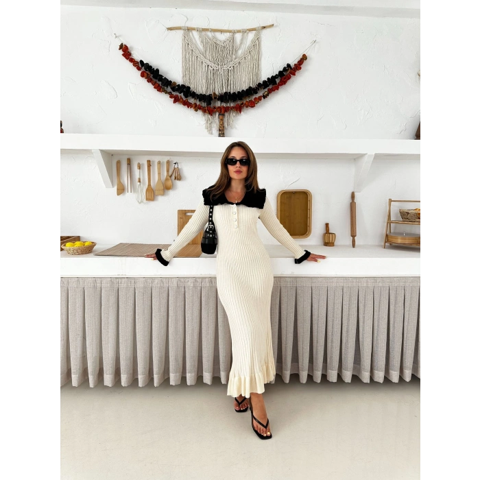 Asil Yaka Triko Elbise Beyaz