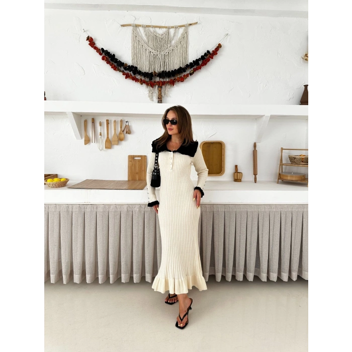 Asil Yaka Triko Elbise Beyaz