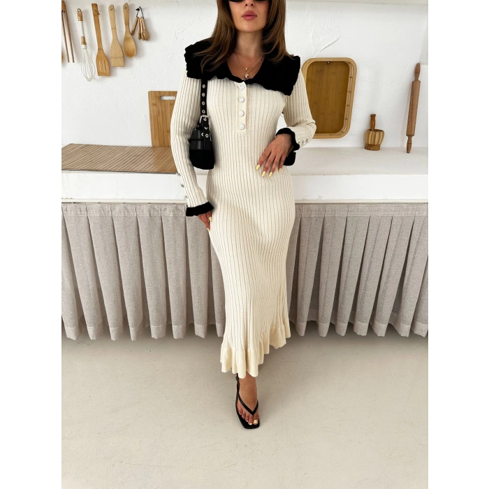 Asil Yaka Triko Elbise Beyaz