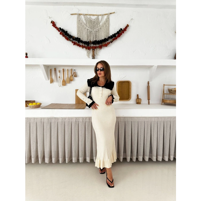 Asil Yaka Triko Elbise Beyaz