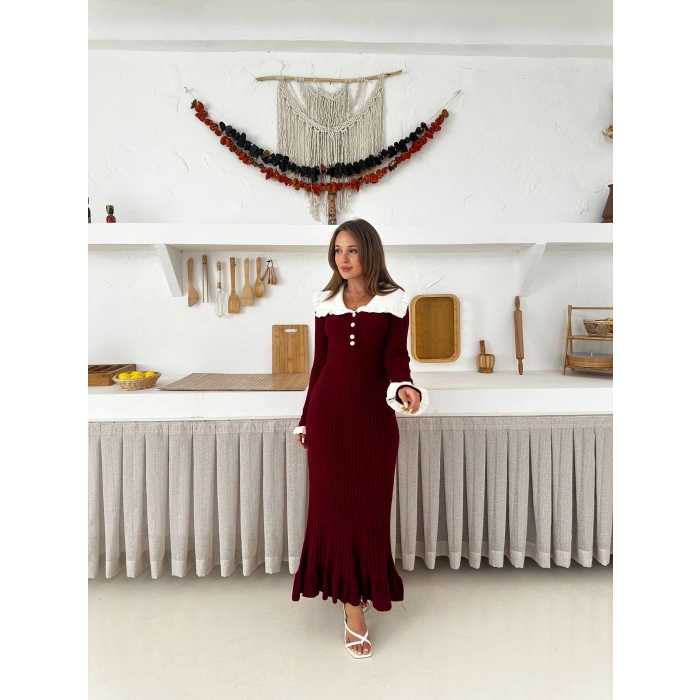 Asil Yaka Triko Elbise Bordo