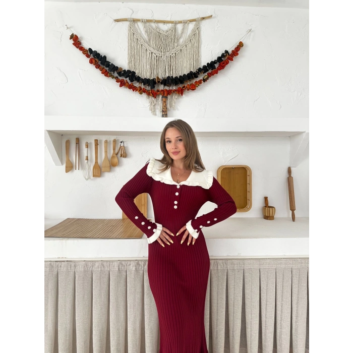 Asil Yaka Triko Elbise Bordo