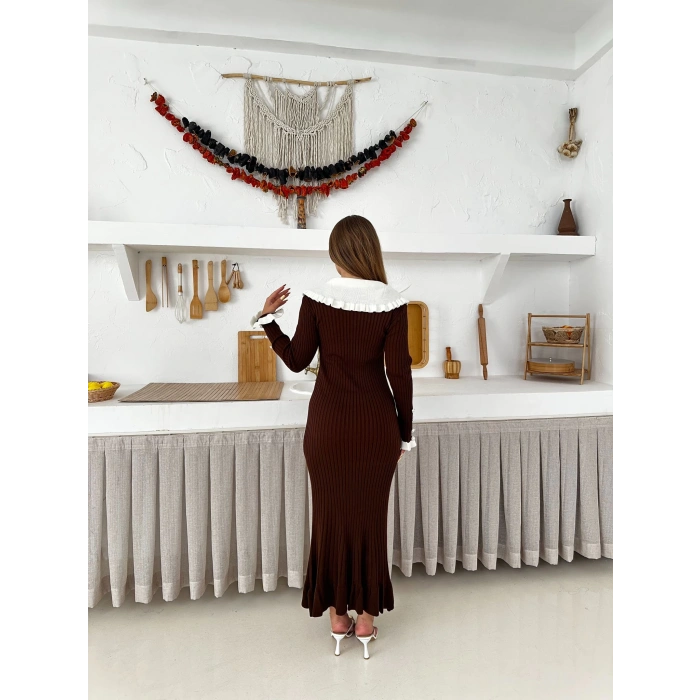 Asil Yaka Triko Elbise Kahverengi