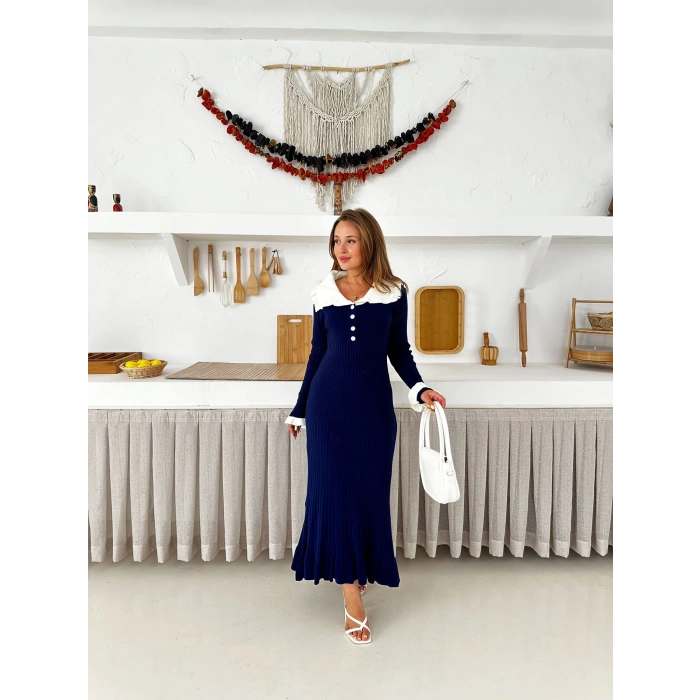 Asil Yaka Triko Elbise Lacivert