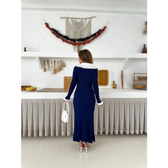 Asil Yaka Triko Elbise Lacivert