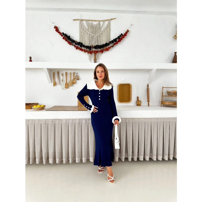 Asil Yaka Triko Elbise Lacivert