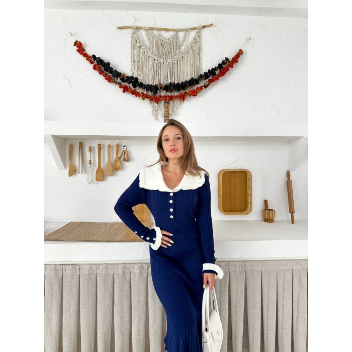 Asil Yaka Triko Elbise Lacivert