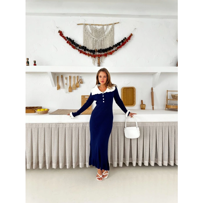 Asil Yaka Triko Elbise Lacivert