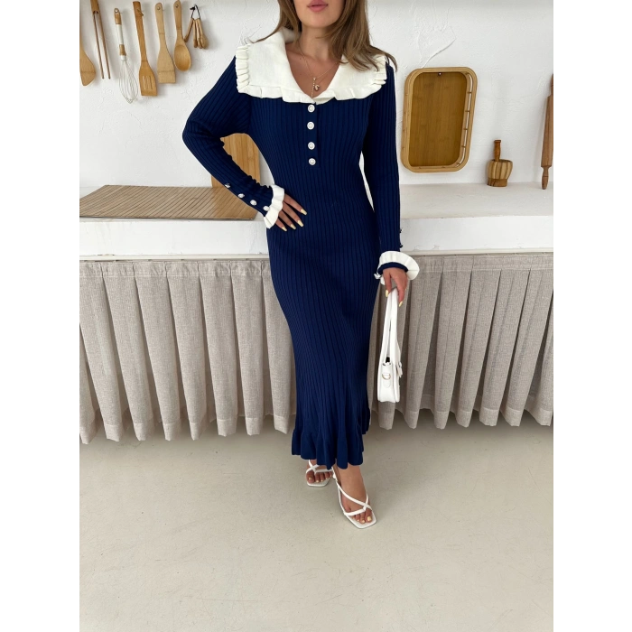 Asil Yaka Triko Elbise Lacivert