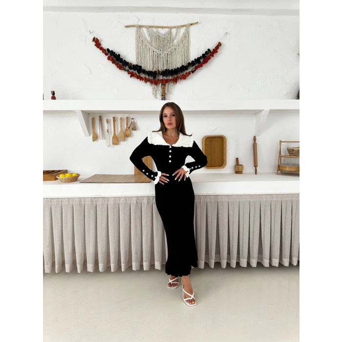 Asil Yaka Triko Elbise Siyah