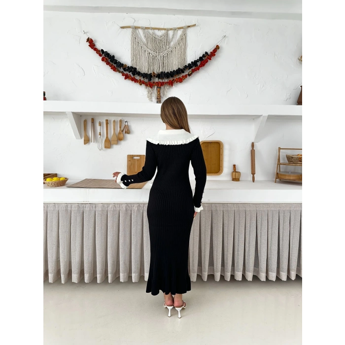 Asil Yaka Triko Elbise Siyah