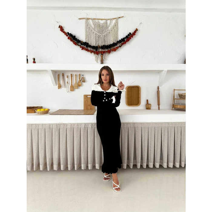 Asil Yaka Triko Elbise Siyah