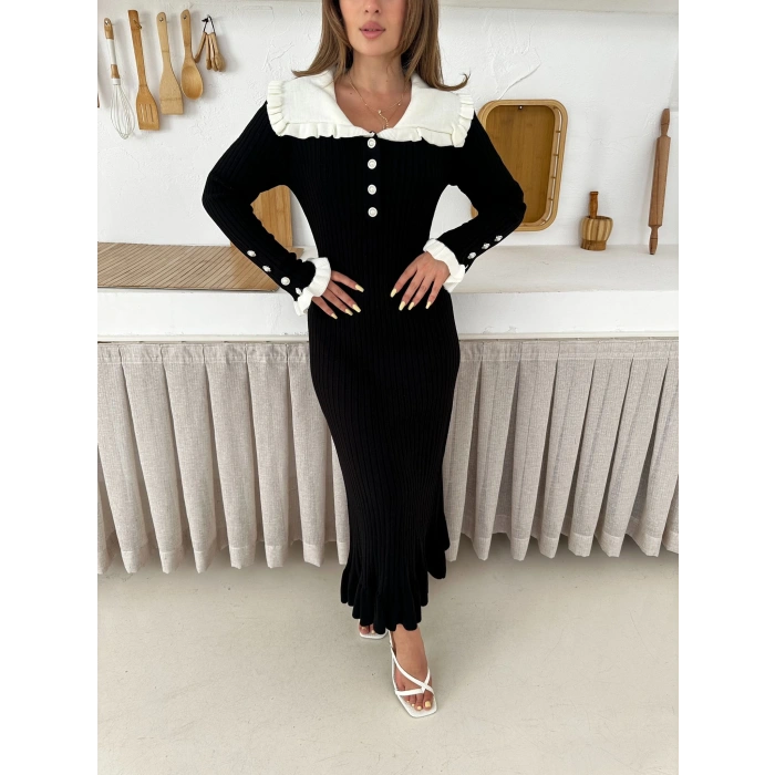 Asil Yaka Triko Elbise Siyah