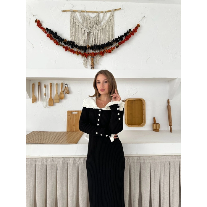 Asil Yaka Triko Elbise Siyah