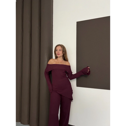 Asimetrik Madonna Yaka Takım Bordo
